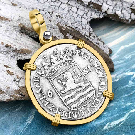Dutch East India Company 1766 Silver 6 Stuiver Ship Shilling "I Struggle and Survive" 14K Gold Pendant