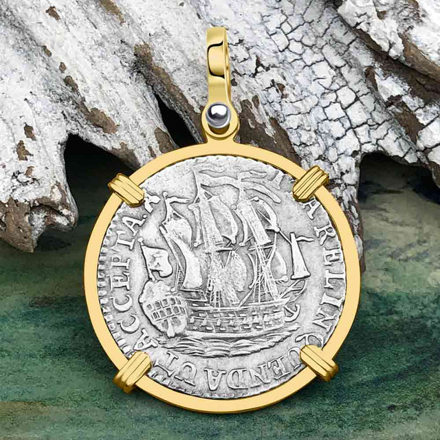 Dutch East India Company 1791 Silver 6 Stuiver Ship Shilling "I Struggle and Survive" 14K Gold Pendant