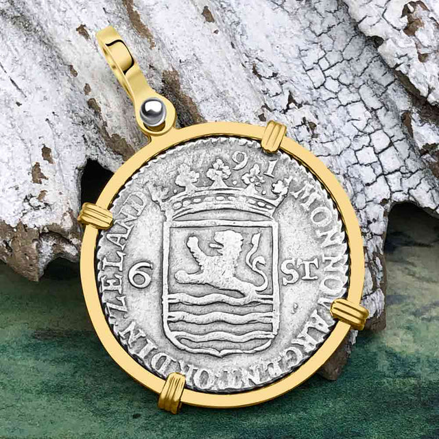 Dutch East India Company 1791 Silver 6 Stuiver Ship Shilling "I Struggle and Survive" 14K Gold Pendant