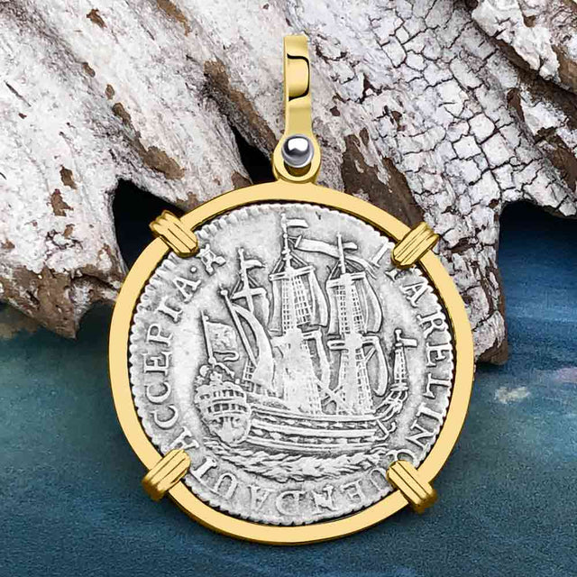 Dutch East India Company 1790 Silver 6 Stuiver Ship Shilling "I Struggle and Survive" 14K Gold Pendant
