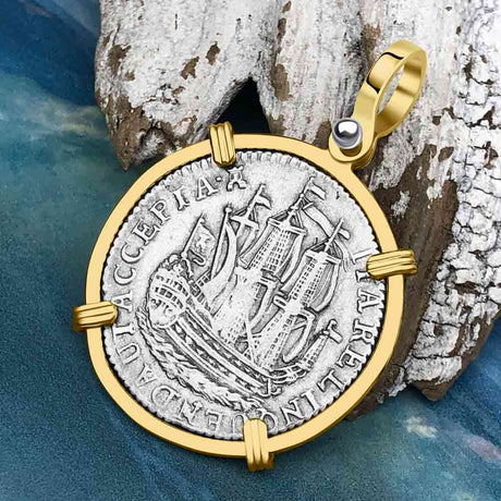 Dutch East India Company 1790 Silver 6 Stuiver Ship Shilling "I Struggle and Survive" 14K Gold Pendant