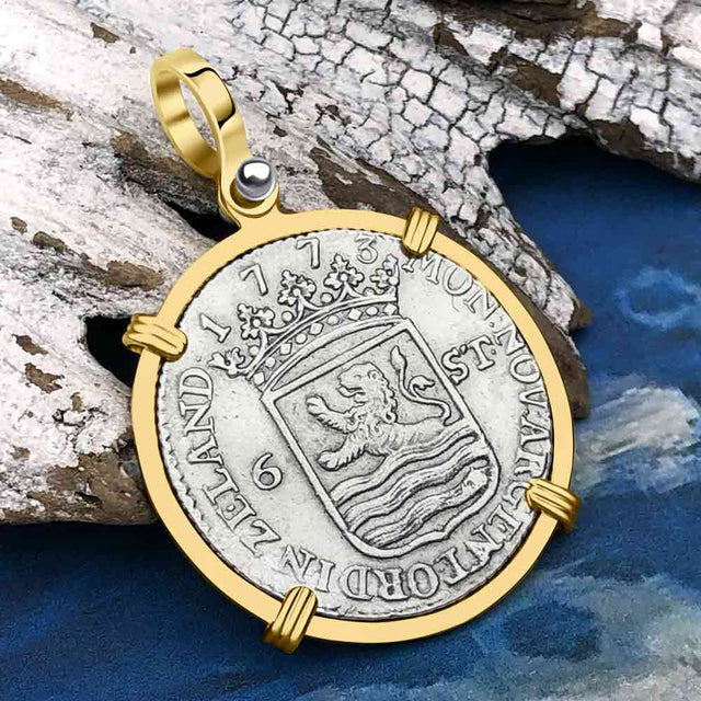 Dutch East India Company 1773 Silver 6 Stuiver Ship Shilling "I Struggle and Survive" 14K Gold Pendant