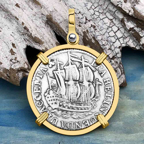 Dutch East India Company 1769 Silver 6 Stuiver Ship Shilling "I Struggle and Survive" 14K Gold Pendant