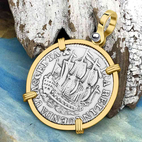 Dutch East India Company 1769 Silver 6 Stuiver Ship Shilling "I Struggle and Survive" 14K Gold Pendant