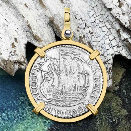 Dutch East India Company 1793 Silver 6 Stuiver Ship Shilling "I Struggle and Survive" 14K Gold Pendant