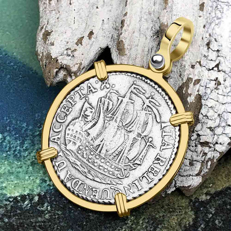 Dutch East India Company 1793 Silver 6 Stuiver Ship Shilling "I Struggle and Survive" 14K Gold Pendant