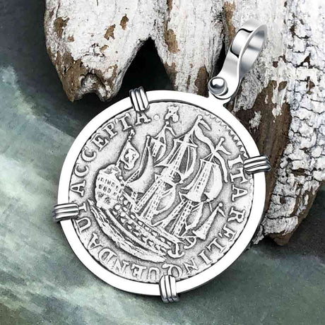 Dutch East India Company 1791 Silver 6 Stuiver Ship Shilling "I Struggle and Survive" 14K White Gold Pendant