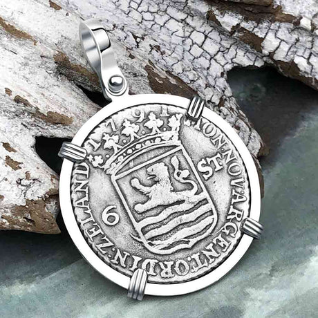 Dutch East India Company 1791 Silver 6 Stuiver Ship Shilling "I Struggle and Survive" 14K White Gold Pendant