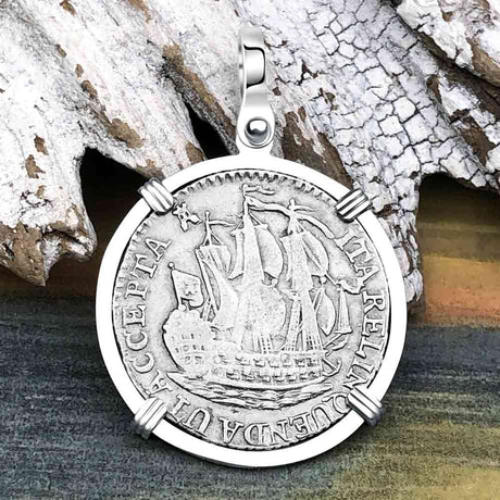 Dutch East India Company 1790 Silver 6 Stuiver Ship Shilling "I Struggle and Survive" 14K White Gold Pendant
