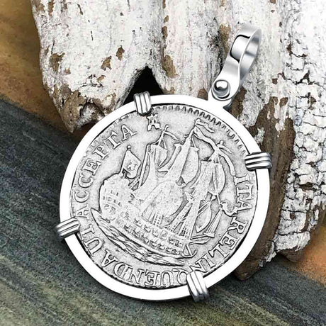 Dutch East India Company 1790 Silver 6 Stuiver Ship Shilling "I Struggle and Survive" 14K White Gold Pendant