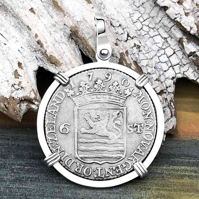 Dutch East India Company 1790 Silver 6 Stuiver Ship Shilling "I Struggle and Survive" 14K White Gold Pendant