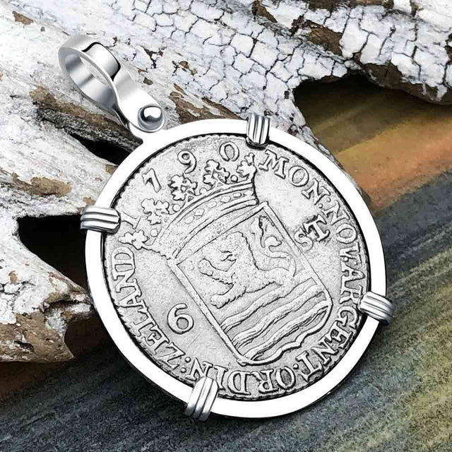 Dutch East India Company 1790 Silver 6 Stuiver Ship Shilling "I Struggle and Survive" 14K White Gold Pendant
