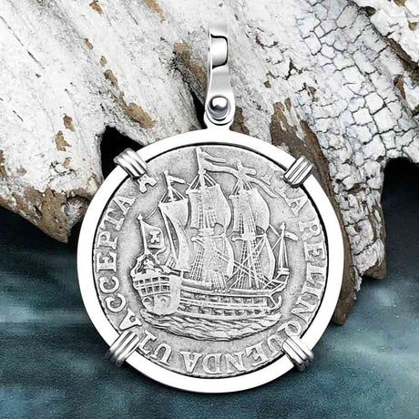 Dutch East India Company 1766 Silver 6 Stuiver Ship Shilling "I Struggle and Survive" 14K White Gold Pendant