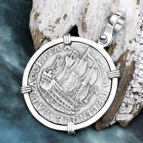 Dutch East India Company 1766 Silver 6 Stuiver Ship Shilling "I Struggle and Survive" 14K White Gold Pendant