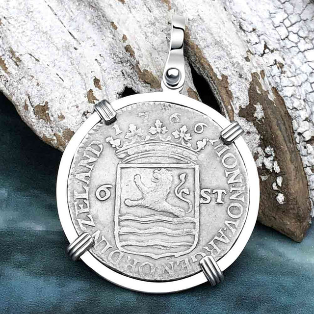 Dutch East India Company 1766 Silver 6 Stuiver Ship Shilling "I Struggle and Survive" 14K White Gold Pendant