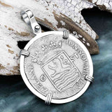Dutch East India Company 1766 Silver 6 Stuiver Ship Shilling "I Struggle and Survive" 14K White Gold Pendant
