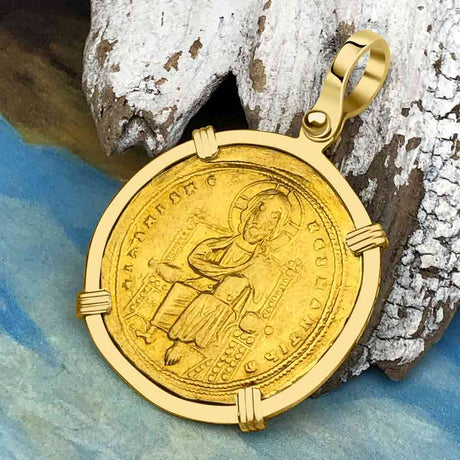 Byzantine "Jesus Christ King of Kings" 23K Gold Solidus Coin Circa 1028 AD 18K Gold Pendant 