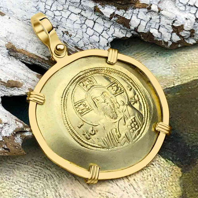 Byzantine Jesus Christ Histamenon Gold Coin Circa 1071 AD 18K Gold Pendant