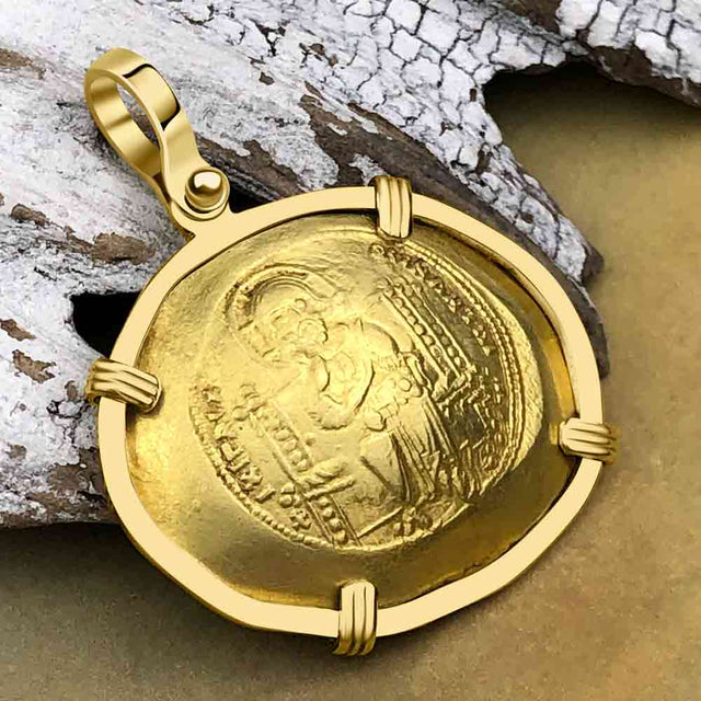 Byzantine Jesus Christ King of Kings Gold Histamenon Nomisma Coin Circa 1059 AD 18K Gold Pendant