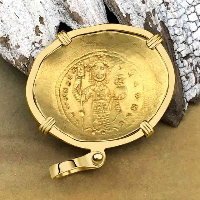 Byzantine Jesus Christ King of Kings Gold Histamenon Nomisma Coin Circa 1059 AD 18K Gold Pendant