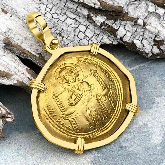 Byzantine Jesus Christ King of Kings 24K Gold Histamenon Nomisma Coin Circa 1059 AD 18K Gold Pendant