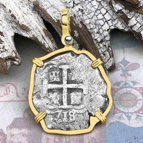 Rare Blackbeard Era Dated 1718 Spanish 2 Reale Cob Piece of 8 14K Gold Pendant