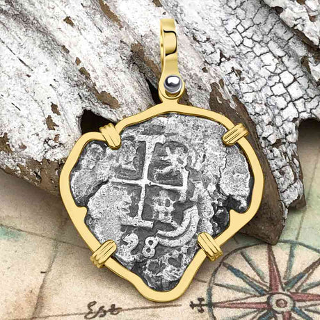 Heart Shaped Pirate Era 1728 Spanish 2 Reale Cob Piece of 8 14K Gold Pendant