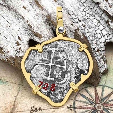 Heart Shaped Pirate Era 1728 Spanish 2 Reale Cob Piece of 8 14K Gold Pendant