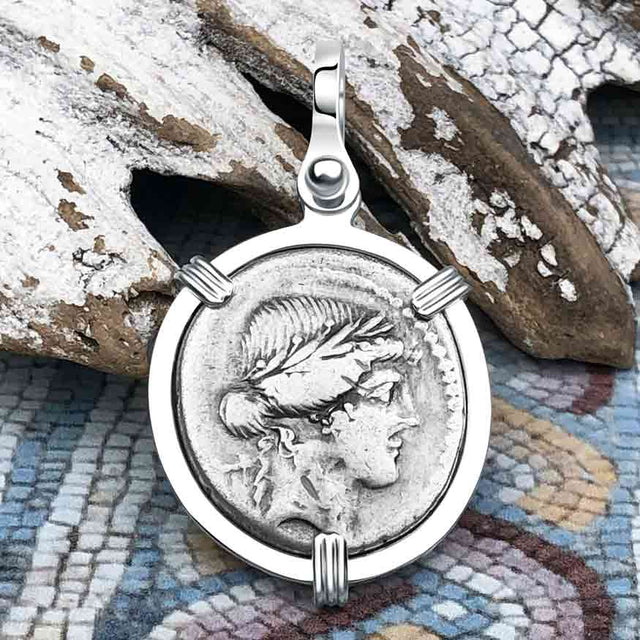 Roman Republic Silver Denarius 42 BC Apollo & Diana Sterling Silver Pendant