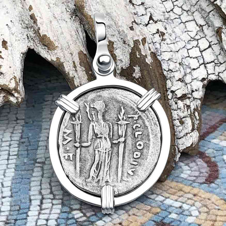 Roman Republic Silver Denarius 42 BC Apollo & Diana Sterling Silver Pendant