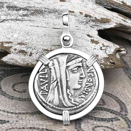Roman Republic Silver Denarius 62 BC Concordia 14K Gold & Sterling Silver Pendant