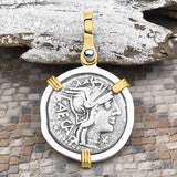 Roman Republic Silver Denarius 125 BC Roma & Libertas 14K Gold and Sterling Silver Pendant