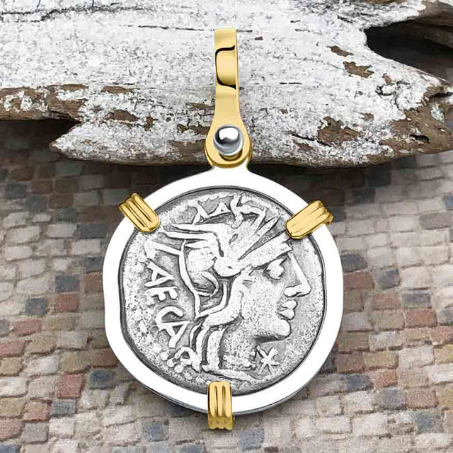 Roman Republic Silver Denarius 125 BC Roma & Libertas 14K Gold and Sterling Silver Pendant