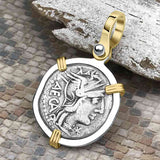 Roman Republic Silver Denarius 125 BC Roma & Libertas 14K Gold and Sterling Silver Pendant