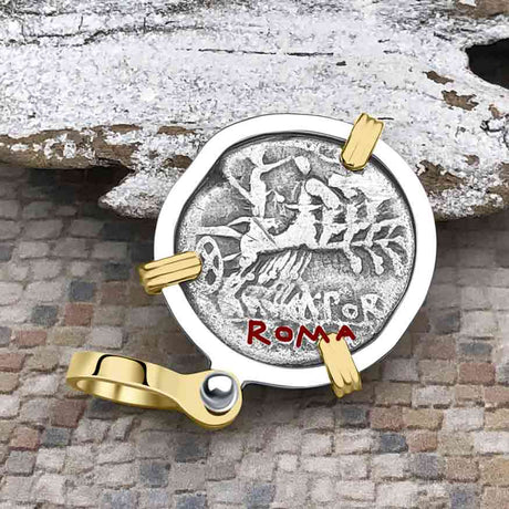 Roman Republic Silver Denarius 125 BC Roma & Libertas 14K Gold and Sterling Silver Pendant