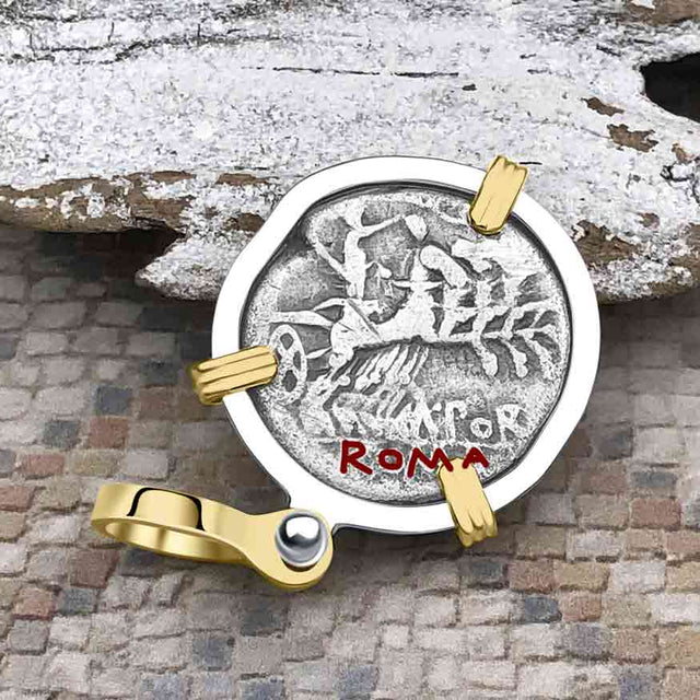Roman Republic Silver Denarius 125 BC Roma & Libertas 14K Gold and Sterling Silver Pendant
