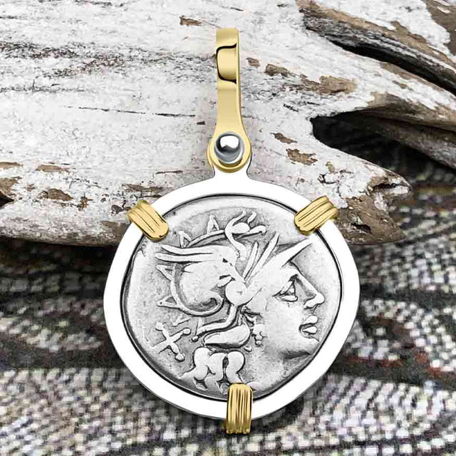 Roman Republic Silver Denarius 149 BC Roma and Victory 14K Gold and Sterling Silver Pendant