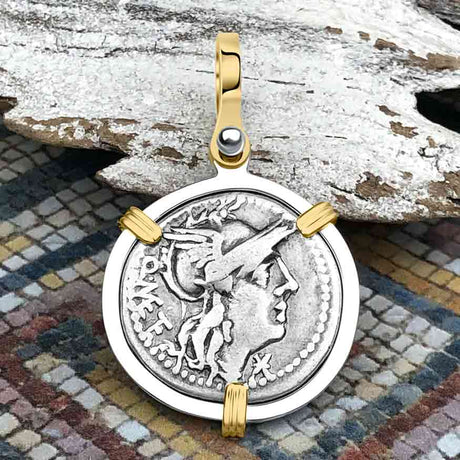 Roman Republic Silver Denarius 130 BC Jupiter and Roma 14K Gold and Sterling Silver Pendant