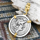 Roman Republic Silver Denarius 130 BC Jupiter and Roma 14K Gold and Sterling Silver Pendant