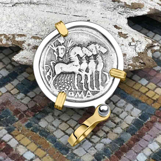 Roman Republic Silver Denarius 130 BC Jupiter and Roma 14K Gold and Sterling Silver Pendant