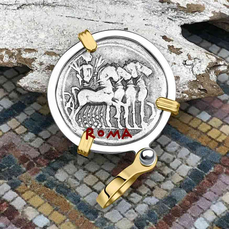 Roman Republic Silver Denarius 130 BC Jupiter and Roma 14K Gold and Sterling Silver Pendant