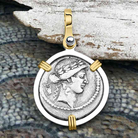 Roman Republic Silver Denarius 42 BC Apollo & Diana 14K Gold and Sterling Silver Pendant