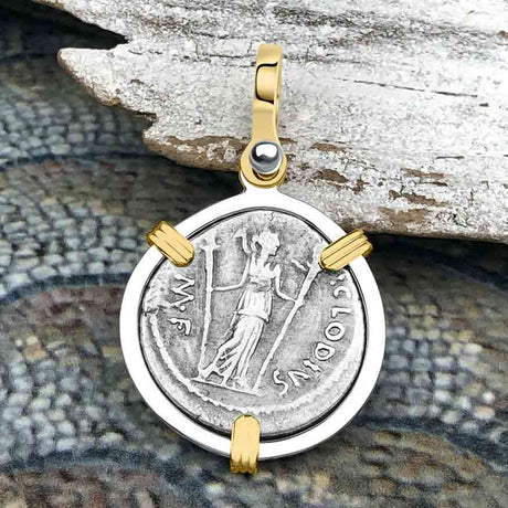 Roman Republic Silver Denarius 42 BC Apollo & Diana 14K Gold and Sterling Silver Pendant