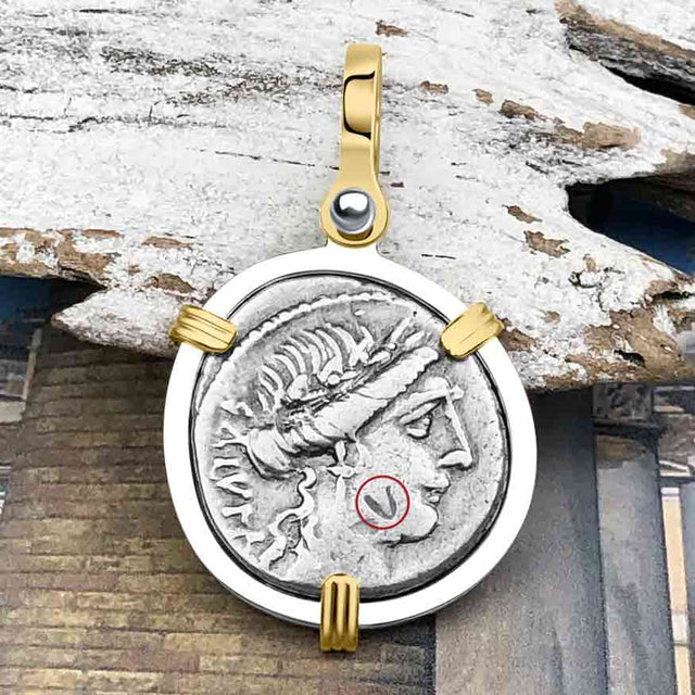 Roman Republic Silver Denarius 49 BC Salus, the Goddess of Prosperity 14K Gold and Sterling Silver Pendant