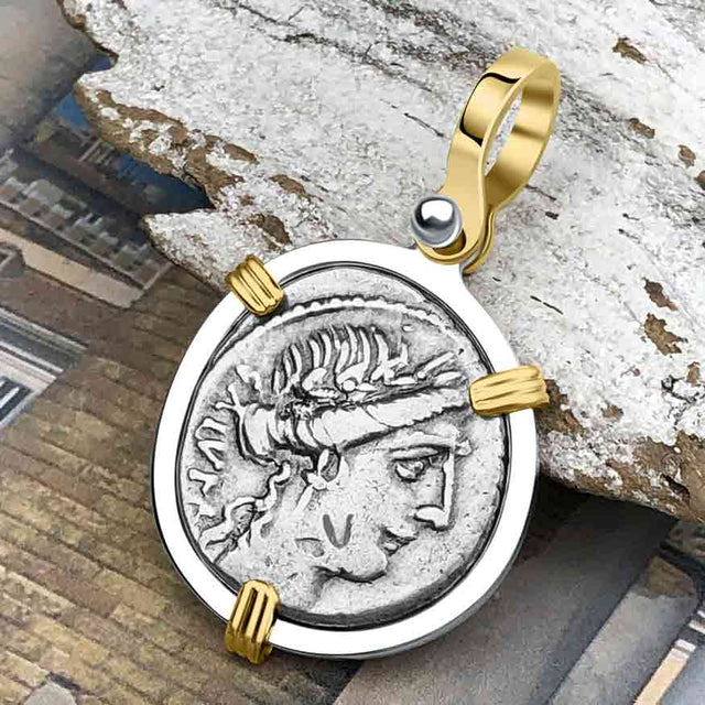 Roman Republic Silver Denarius 49 BC Salus, the Goddess of Prosperity 14K Gold and Sterling Silver Pendant