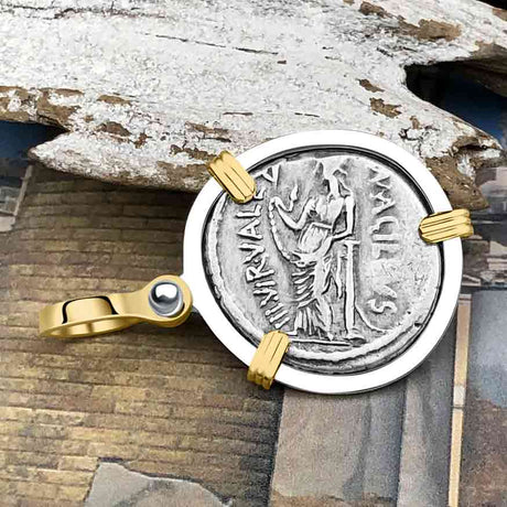 Roman Republic Silver Denarius 49 BC Salus, the Goddess of Prosperity 14K Gold and Sterling Silver Pendant