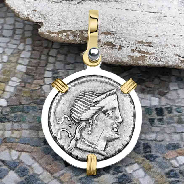 Roman Republic Silver Denarius 79 BC Venus and Victory 14K Gold and Sterling Silver Pendant