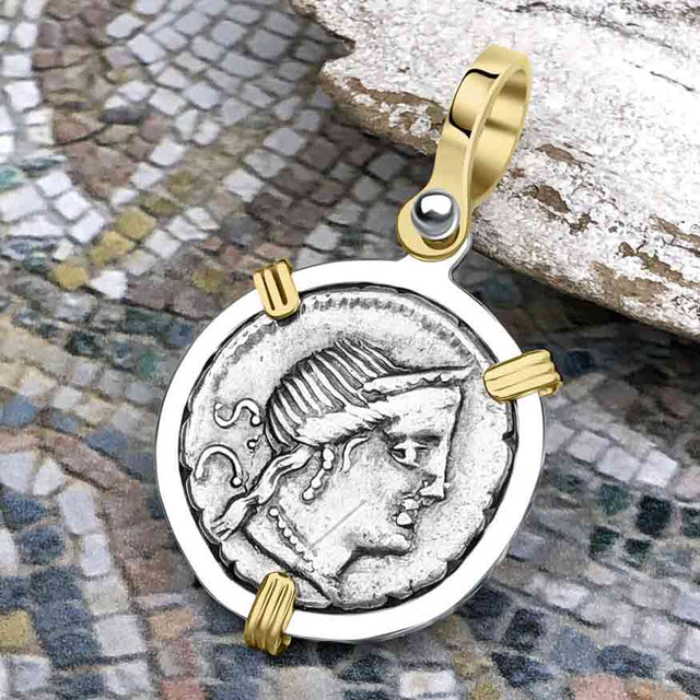 Roman Republic Silver Denarius 79 BC Venus and Victory 14K Gold and Sterling Silver Pendant