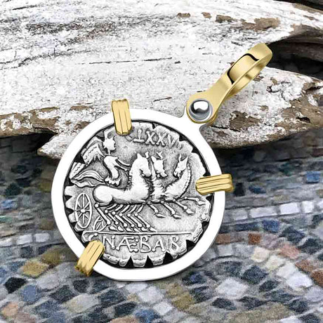 Roman Republic Silver Denarius 79 BC Venus and Victory 14K Gold and Sterling Silver Pendant