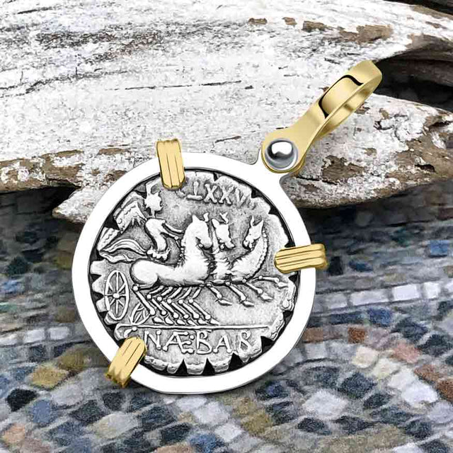 Roman Republic Silver Denarius 79 BC Venus and Victory 14K Gold and Sterling Silver Pendant